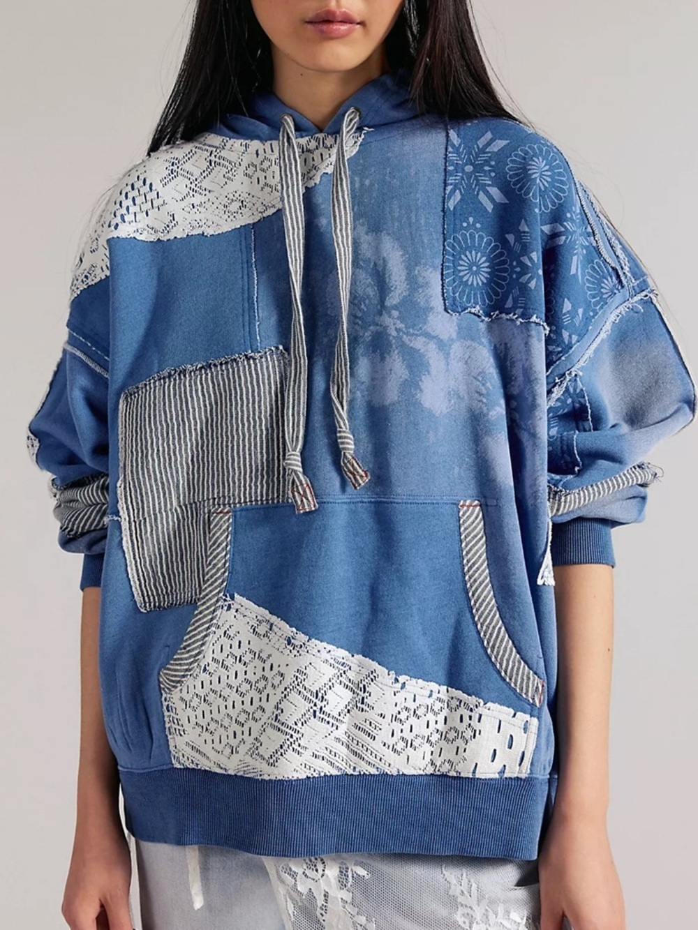 NWT Free People We The Free Tattered Romance Hoodie in Blue Indigo Combo